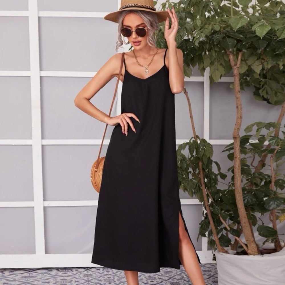 SHEIN Solid Split Hem Cami Dress, black